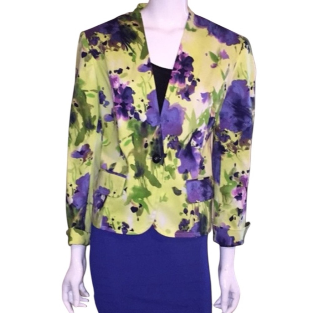 Evan-Picone 12P‎ Stretch Blazer Purple Green Yellow Floral 1-Button Jacket